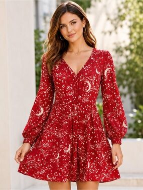 & Other Stories Celestial Moon Star Print Mini Dress Button Front Size 4